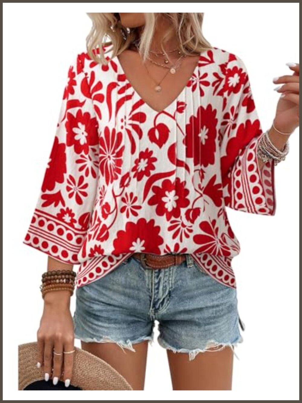 Womens V Neck 3/4 Bell Sleeve Boho Floral Tunic Blouse Loose Fit Casual Top
